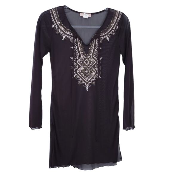 Obe Semisheer Embellished Long Sleeve Blouse, Swimsuit Coverup, Brown, Beige - Picture 1 of 5